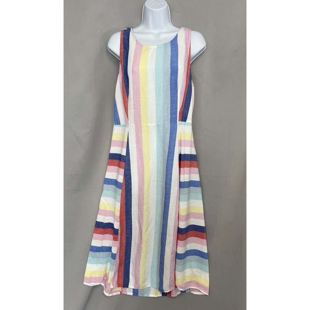 Joules Chrissie Dress 8 Midi Sleeveless Multicolor Stripe‎ Linen Blend Coastal